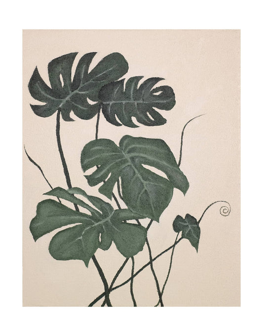 "MONSTERA DELICIOSA: Hand-painted Portrait shaped textured wall art painting featuring the Monstera Deliciosa plant, in shades of green and cream."