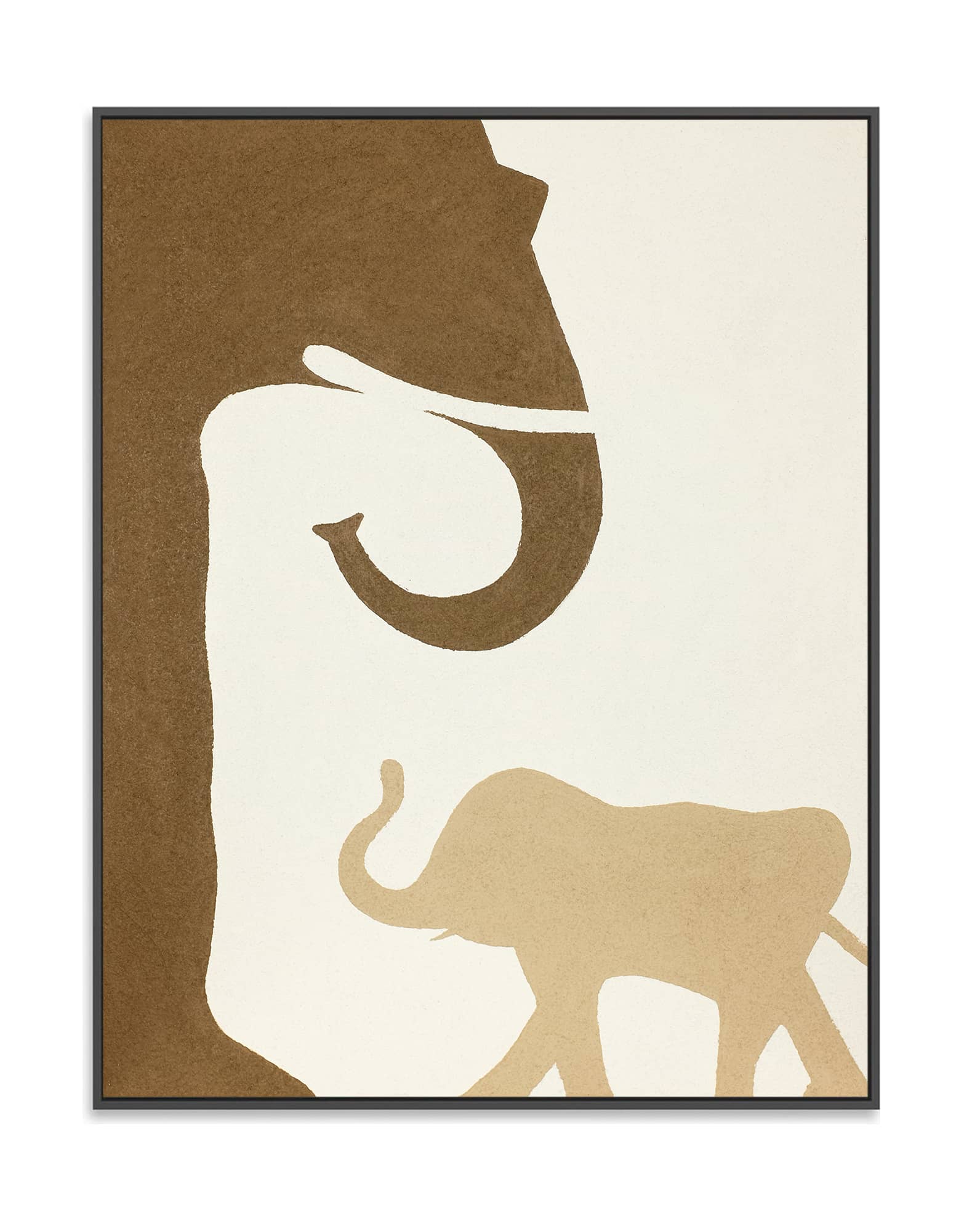 "NURTURING TIES: Hand-painted Portrait shaped textured wall art painting depicting a mother elephant and a baby elephant facing each other, in shades of white, cream, brown, tan, yellow, and orange, framed in a black shadow box ."