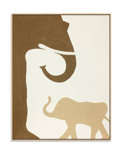 "NURTURING TIES: Hand-painted Portrait shaped textured wall art painting depicting a mother elephant and a baby elephant facing each other, in shades of white, cream, brown, tan, yellow, and orange, framed in an oak shadow box ."