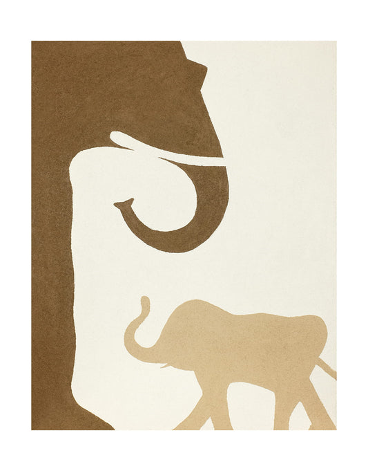 "NURTURING TIES: Hand-painted Portrait shaped textured wall art painting depicting a mother elephant and a baby elephant facing each other, in shades of white, cream, brown, tan, yellow, and orange."