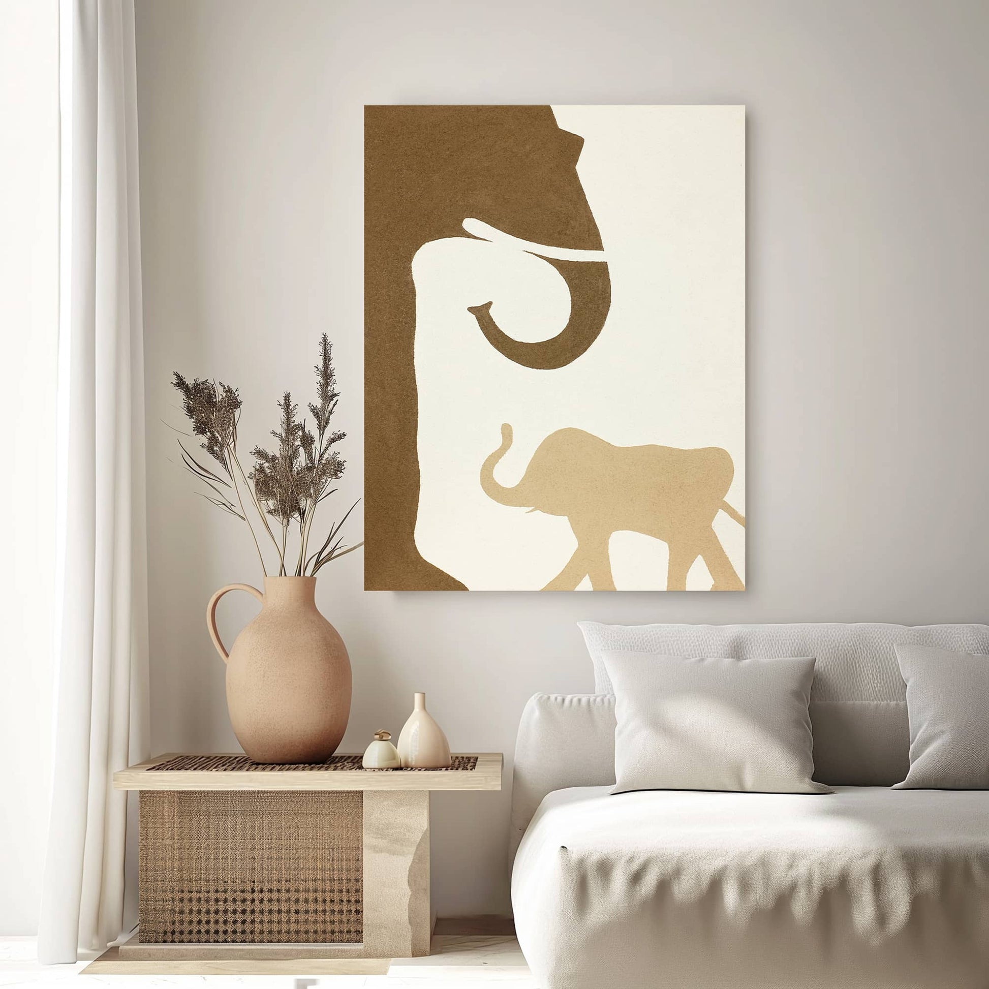 "NURTURING TIES: Hand-painted Portrait shaped textured wall art painting depicting a mother elephant and a baby elephant facing each other, in shades of white, cream, brown, tan, yellow, and orange, hanging in the bedroom."