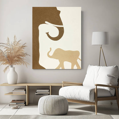 "NURTURING TIES: Hand-painted Portrait shaped textured wall art painting depicting a mother elephant and a baby elephant facing each other, in shades of white, cream, brown, tan, yellow, and orange, hanging in the lounge."