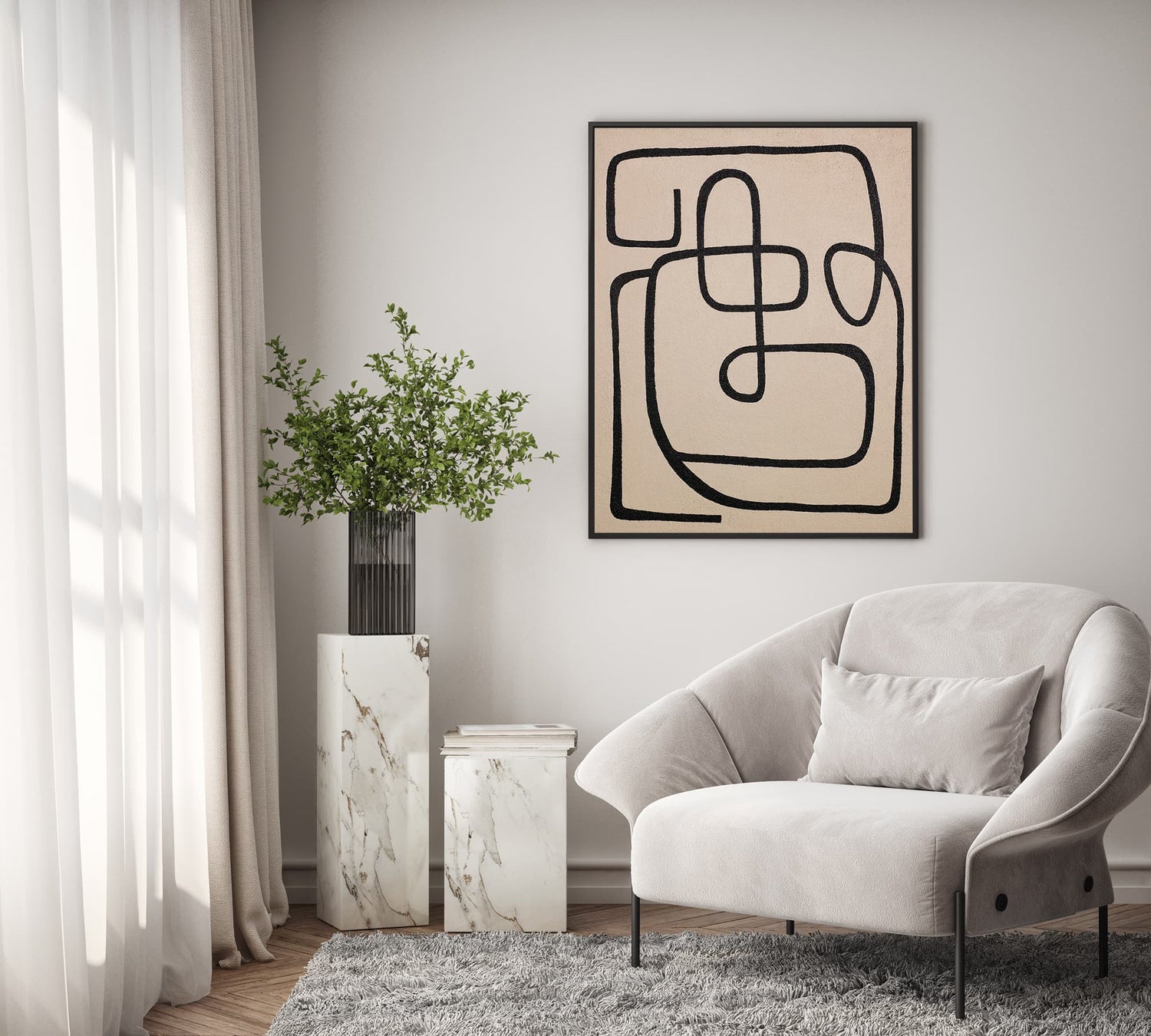 "Exquisite hand-painted, high-quality and premium Portrait shaped textured wall art painting hanging on the lounge room."