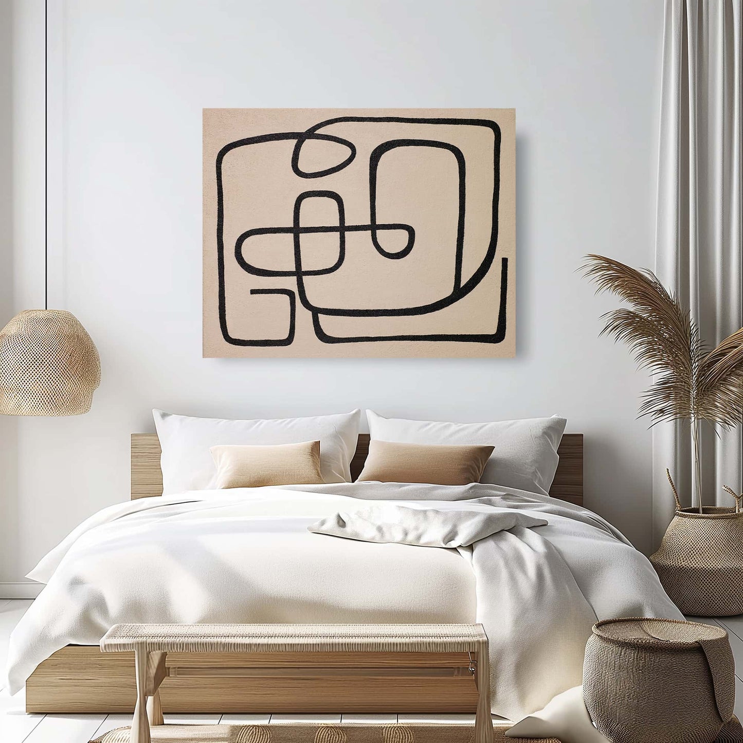 "PATH: Hand-painted Portrait shaped and Landscape shaped abstract textured wall art painting depicting an abstract single-stroke representation of a path, in shades of black and tan, hanging on the wall in the bedroom."