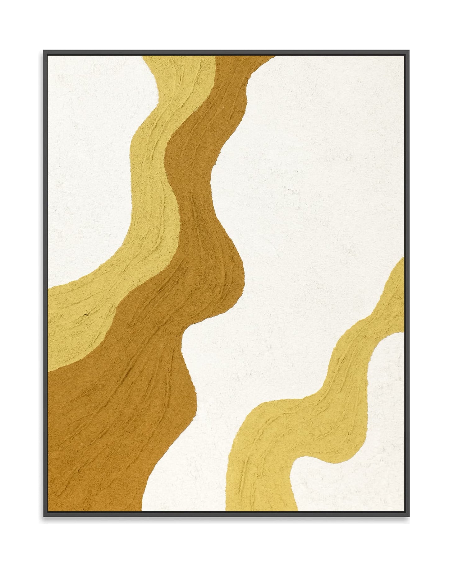 "QUICKSAND, STYLE A: Hand-painted Portrait shaped and Landscape shaped abstract textured wall art painting with a dynamic interplay of lines, in shades of white and yellow, framed in a black shadow box."