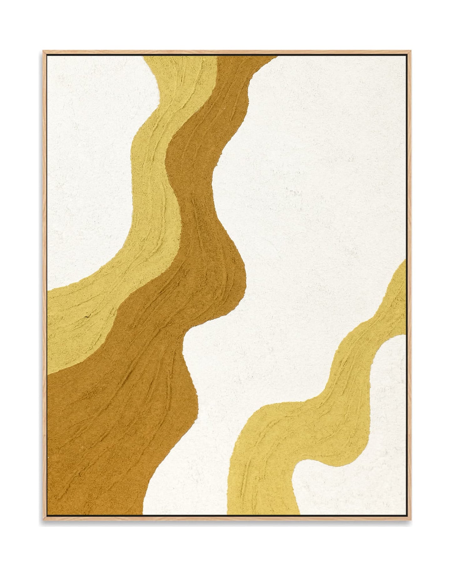 "QUICKSAND, STYLE A: Hand-painted Portrait shaped and Landscape shaped abstract textured wall art painting with a dynamic interplay of lines, in shades of white and yellow, framed in an oak shadow box."