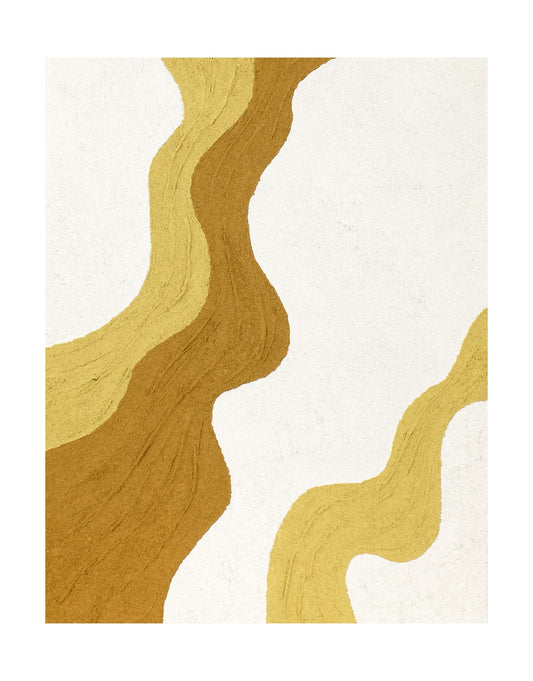 "QUICKSAND, STYLE A: Hand-painted Portrait shaped and Landscape shaped abstract textured wall art painting with a dynamic interplay of lines, in shades of white and yellow."