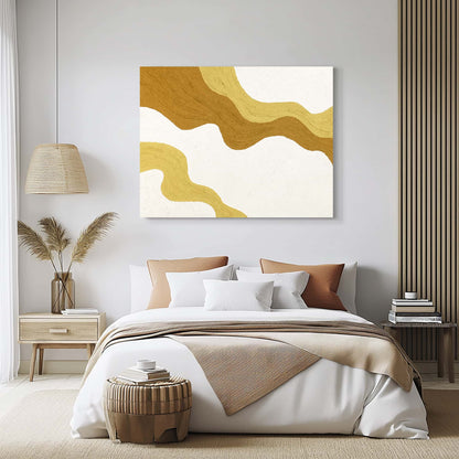 "QUICKSAND, STYLE A: Hand-painted Landscape shaped abstract textured wall art painting with a dynamic interplay of lines, in shades of white and yellow, hanging on the wall in the bedroom."