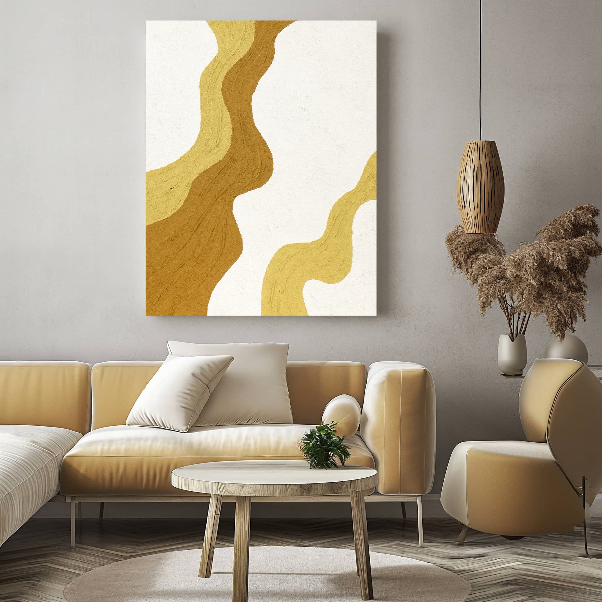 "QUICKSAND, STYLE A: Hand-painted Portrait shaped abstract textured wall art painting with a dynamic interplay of lines, in shades of white and yellow, hanging on the wall in the living room."