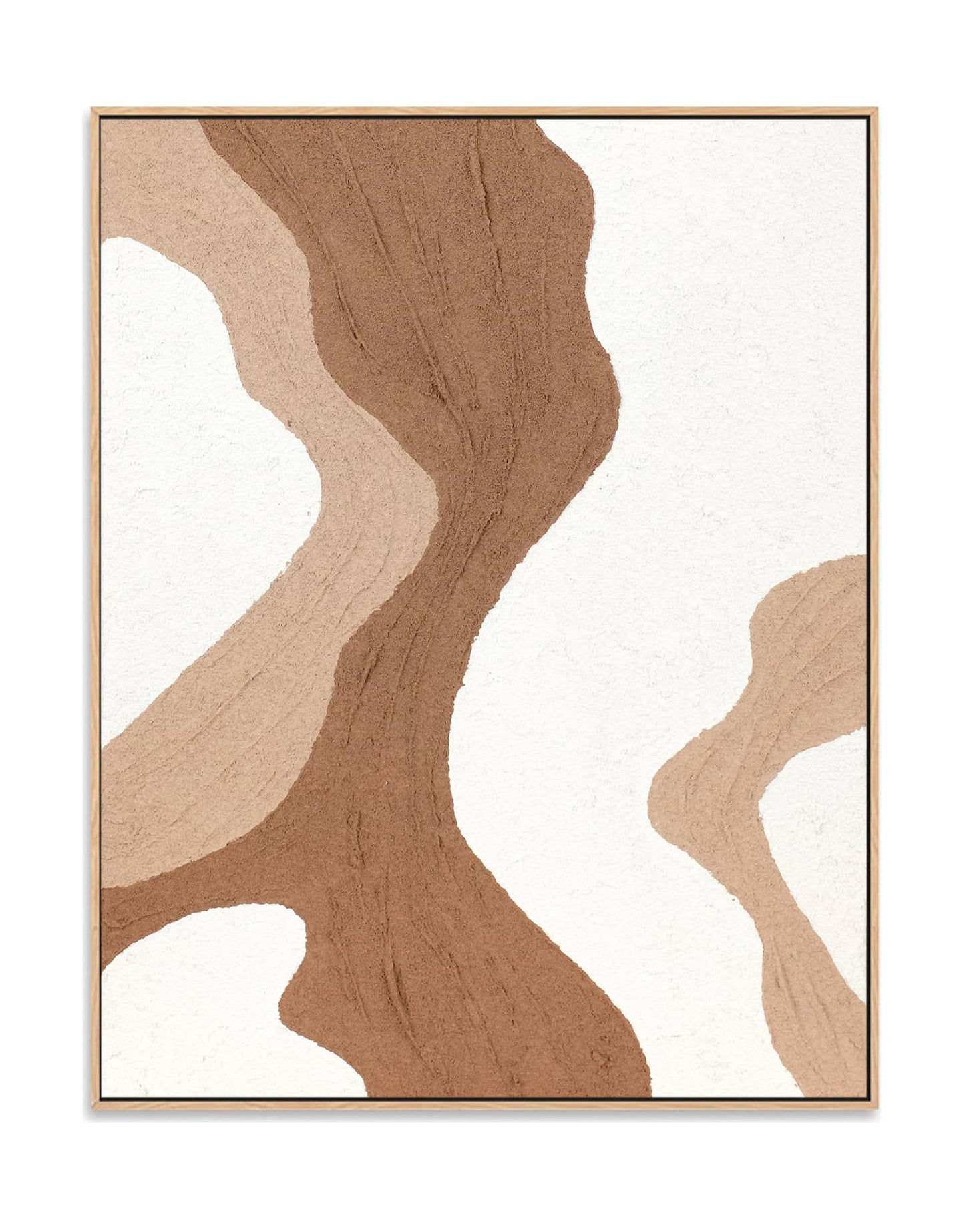 "QUICKSAND, STYLE B: Hand-painted Portrait shaped and Landscape shaped abstract textured wall art painting with a dynamic interplay of lines, in shades of white and pink, framed in an oak shadow box."