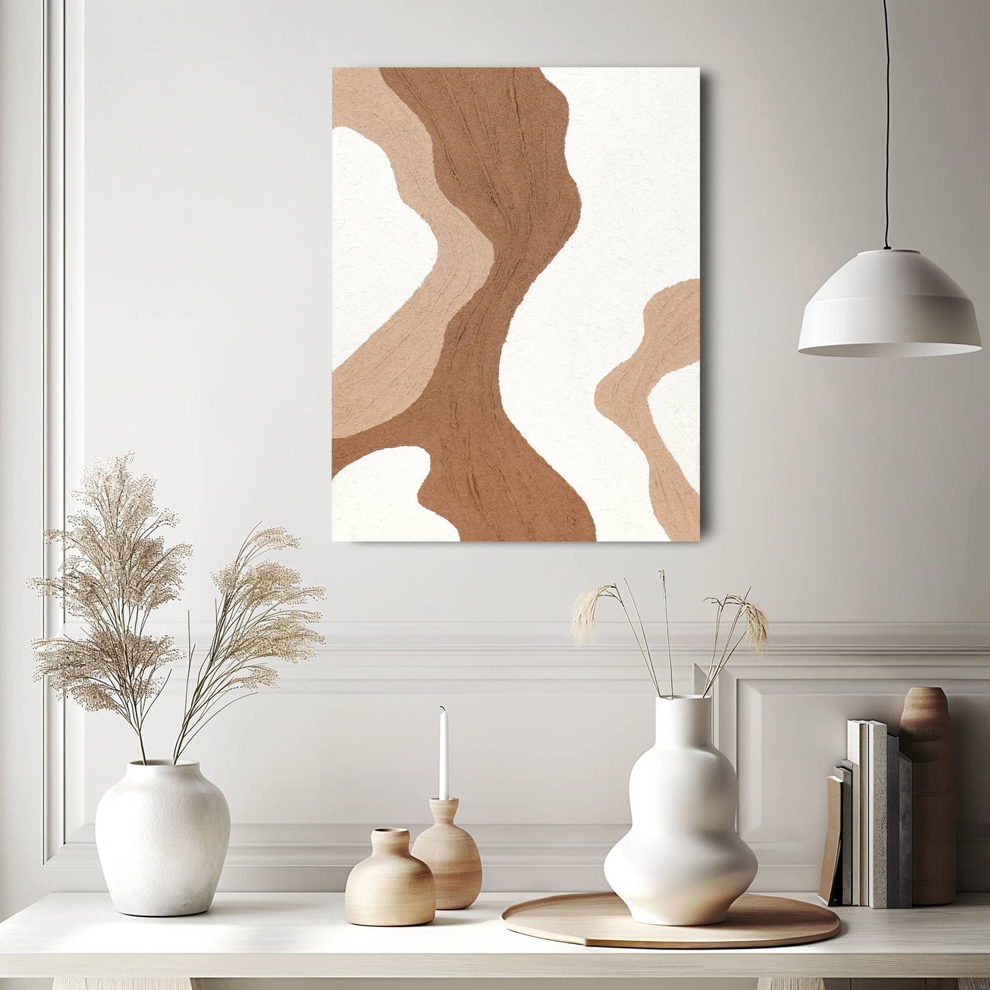 "QUICKSAND, STYLE B: Hand-painted Portrait shaped abstract textured wall art painting with a dynamic interplay of lines, in shades of white and pink, hanging on the wall in the hallway."