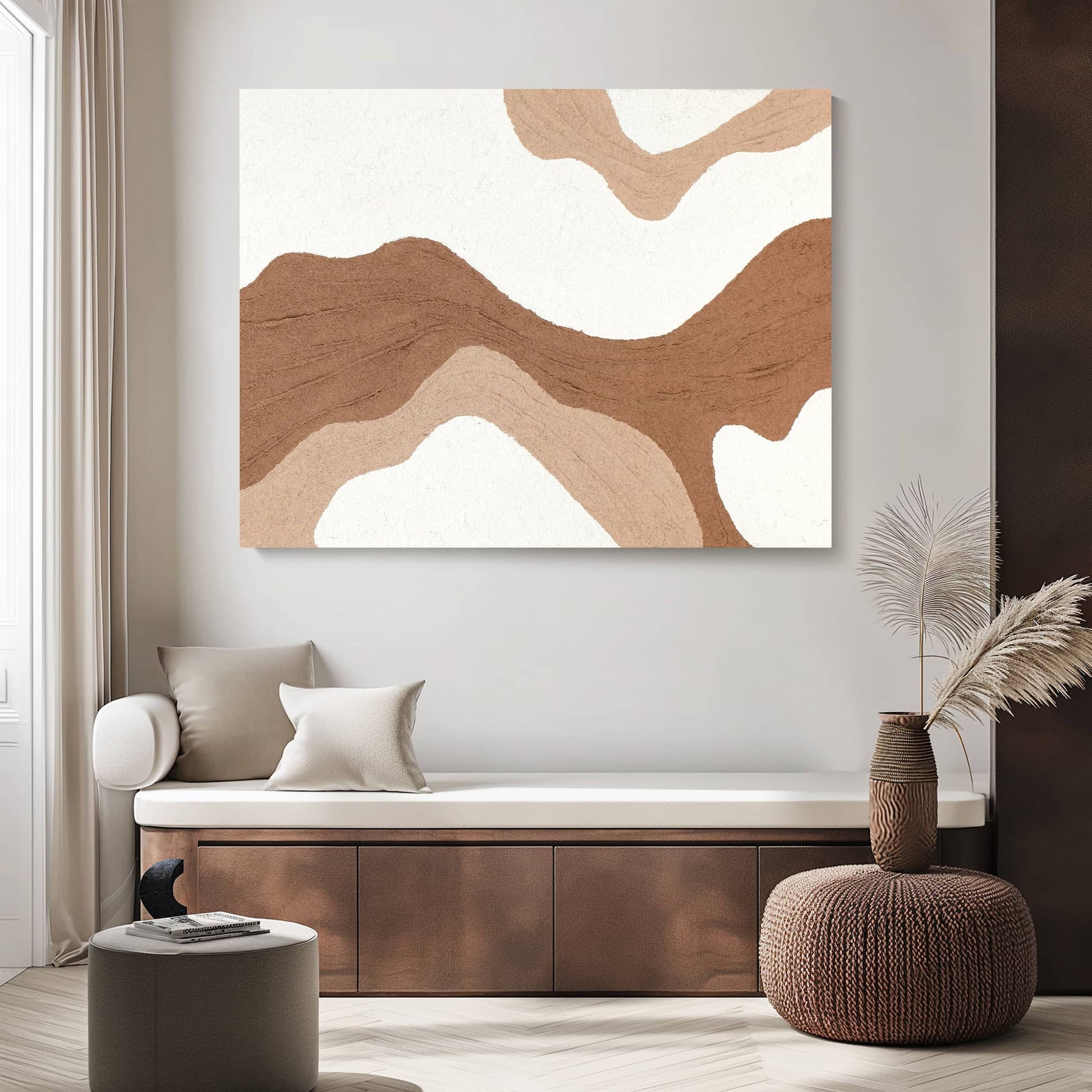 "QUICKSAND, STYLE B: Hand-painted Landscape shaped abstract textured wall art painting with a dynamic interplay of lines, in shades of white and pink, hanging on the wall in the lounge."