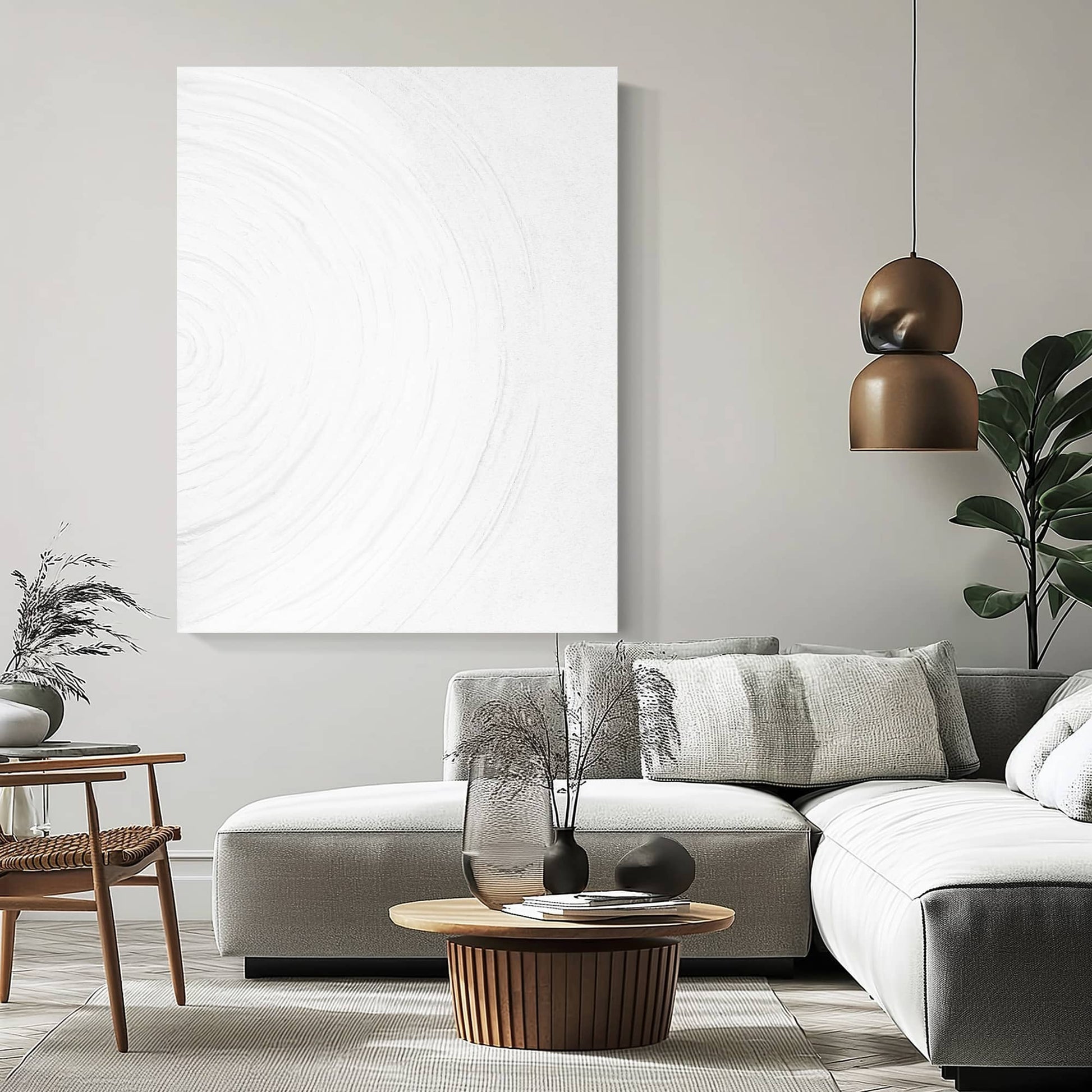 "RIPPLE REVERIE: Hand-painted Portrait shaped abstract textured wall art painting with a rippling pattern, full of texture and three-dimensional feel, in shades of white, hanging on the wall in the living room."