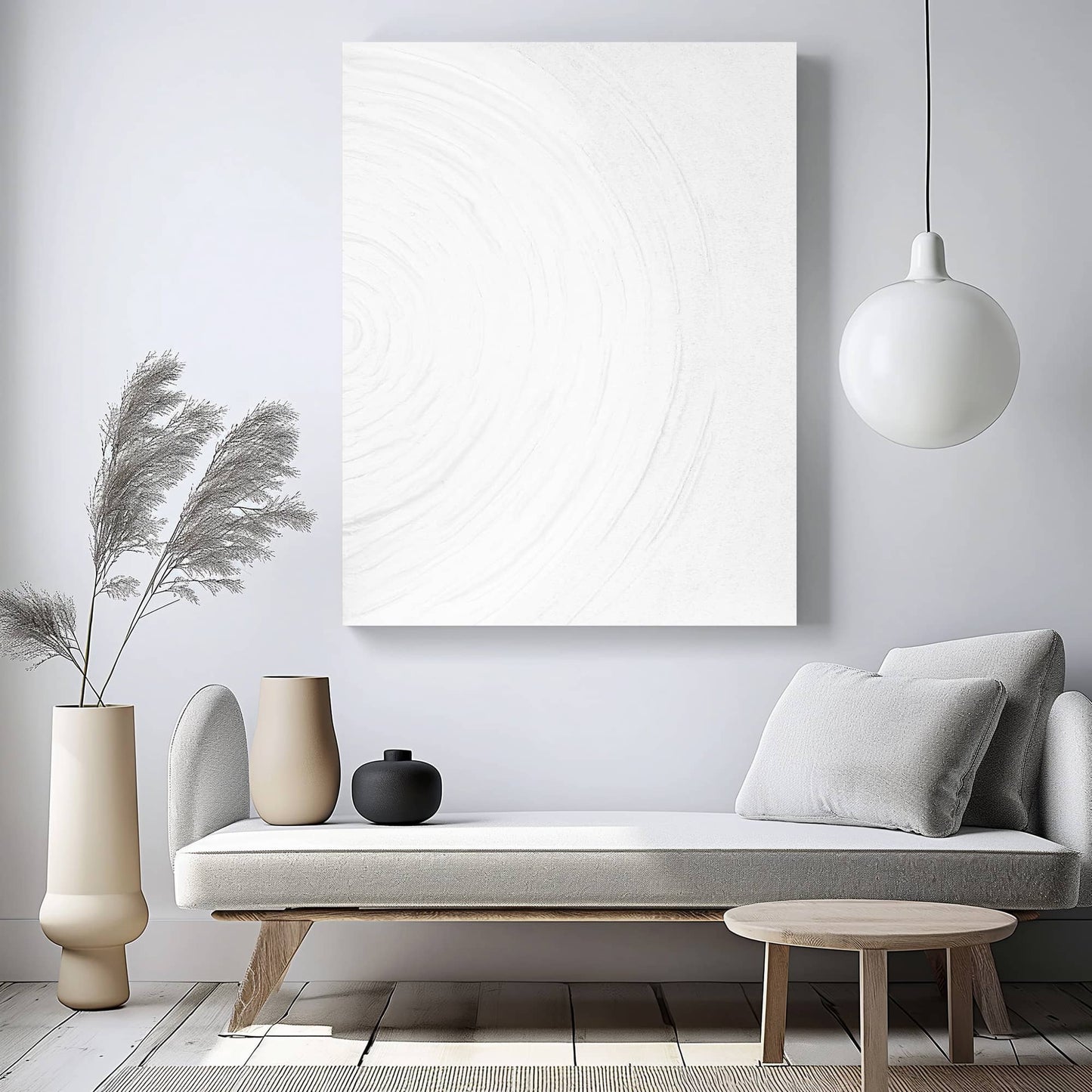 "RIPPLE REVERIE: Hand-painted Portrait shaped abstract textured wall art painting with a rippling pattern, full of texture and three-dimensional feel, in shades of white, hanging on the wall in the lounge."