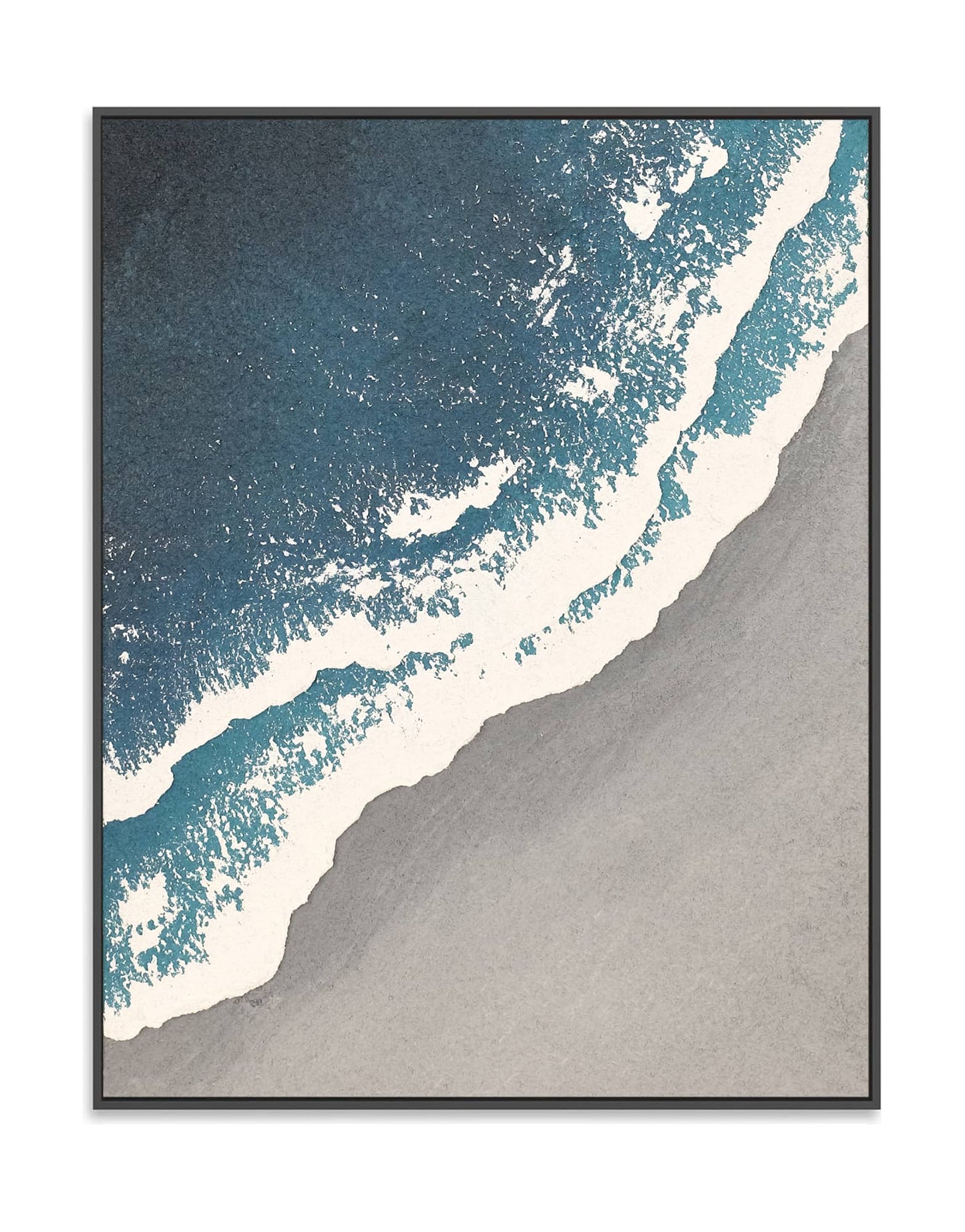 "SEASIDE, STYLE A: Hand-painted Portrait shaped and Landscape shaped textured wall art painting depicting a grey beach, white waves crashing on the grey shore, and the azure sea, in shades of blue, white, grey, and navy, framed in a black shadow box."