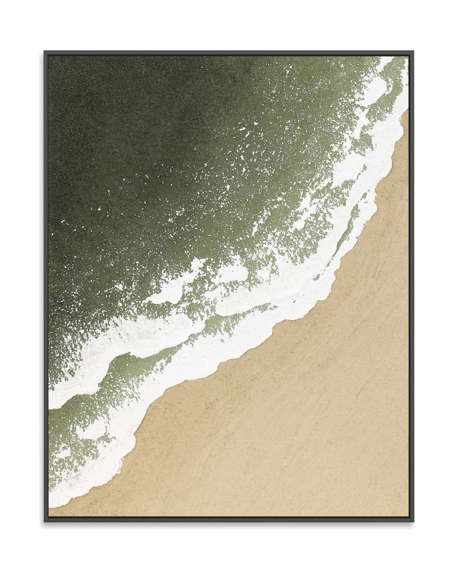 "SEASIDE, STYLE B: Hand-painted Portrait shaped and Landscape shaped textured wall art painting depicting a cream-coloured beach, white waves crashing on the cream shore, and the green sea, in shades of white, green, sand, and cream, framed in a black shadow box."