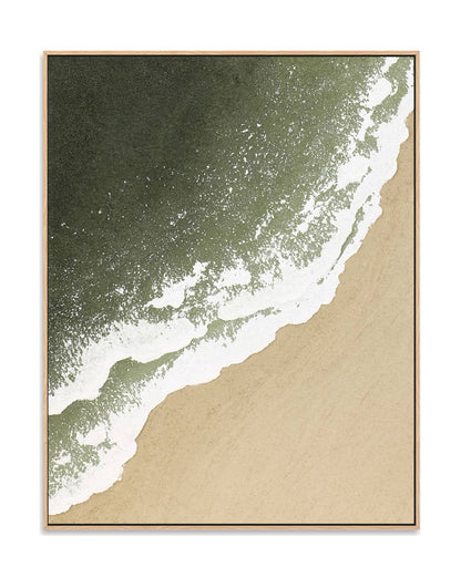 "SEASIDE, STYLE B: Hand-painted Portrait shaped and Landscape shaped textured wall art painting depicting a cream-coloured beach, white waves crashing on the cream shore, and the green sea, in shades of white, green, sand, and cream, framed in an oak shadow box."