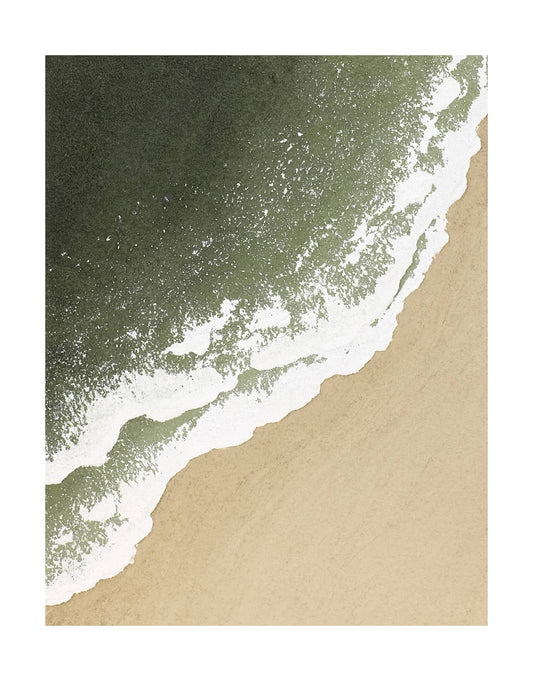 "SEASIDE, STYLE B: Hand-painted Portrait shaped and Landscape shaped textured wall art painting depicting a cream-coloured beach, white waves crashing on the cream shore, and the green sea, in shades of white, green, sand, and cream."