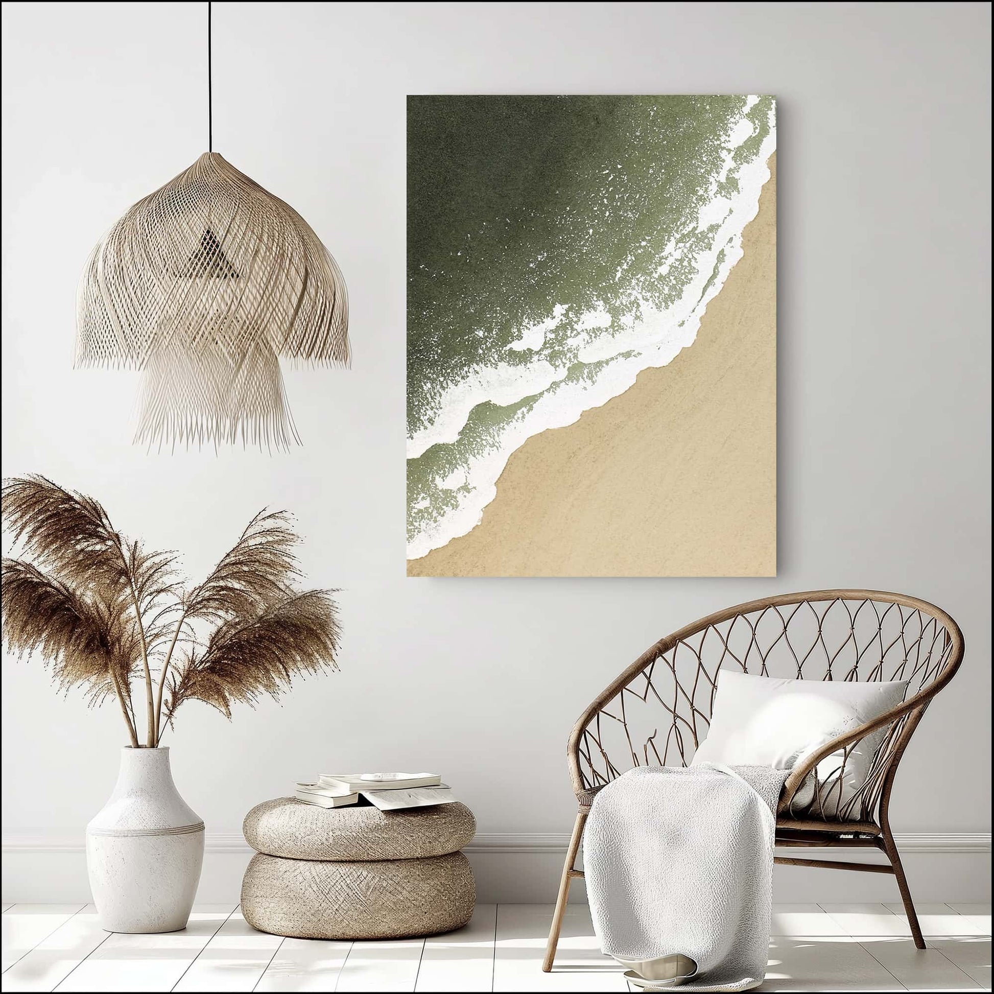 "SEASIDE, STYLE B: Hand-painted Portrait shaped textured wall art painting depicting a cream-coloured beach, white waves crashing on the cream shore, and the green sea, in shades of white, green, sand, and cream, hanging on the wall in the lounge"