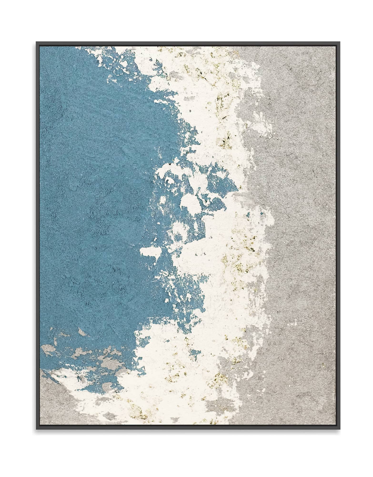 "SILVER BAY: Hand-painted Portrait shaped and Landscape shaped abstract textured wall art painting depicting an abstract bay, full of texture, in shades of blue, white, grey, and gold, framed in a black shadow box."