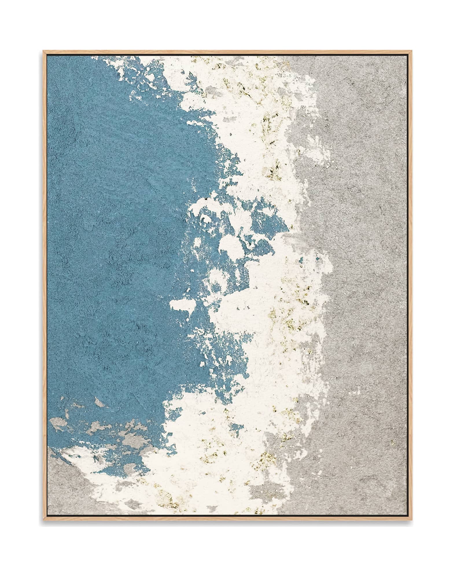 "SILVER BAY: Hand-painted Portrait shaped and Landscape shaped abstract textured wall art painting depicting an abstract bay, full of texture, in shades of blue, white, grey, and gold, framed in an oak shadow box."