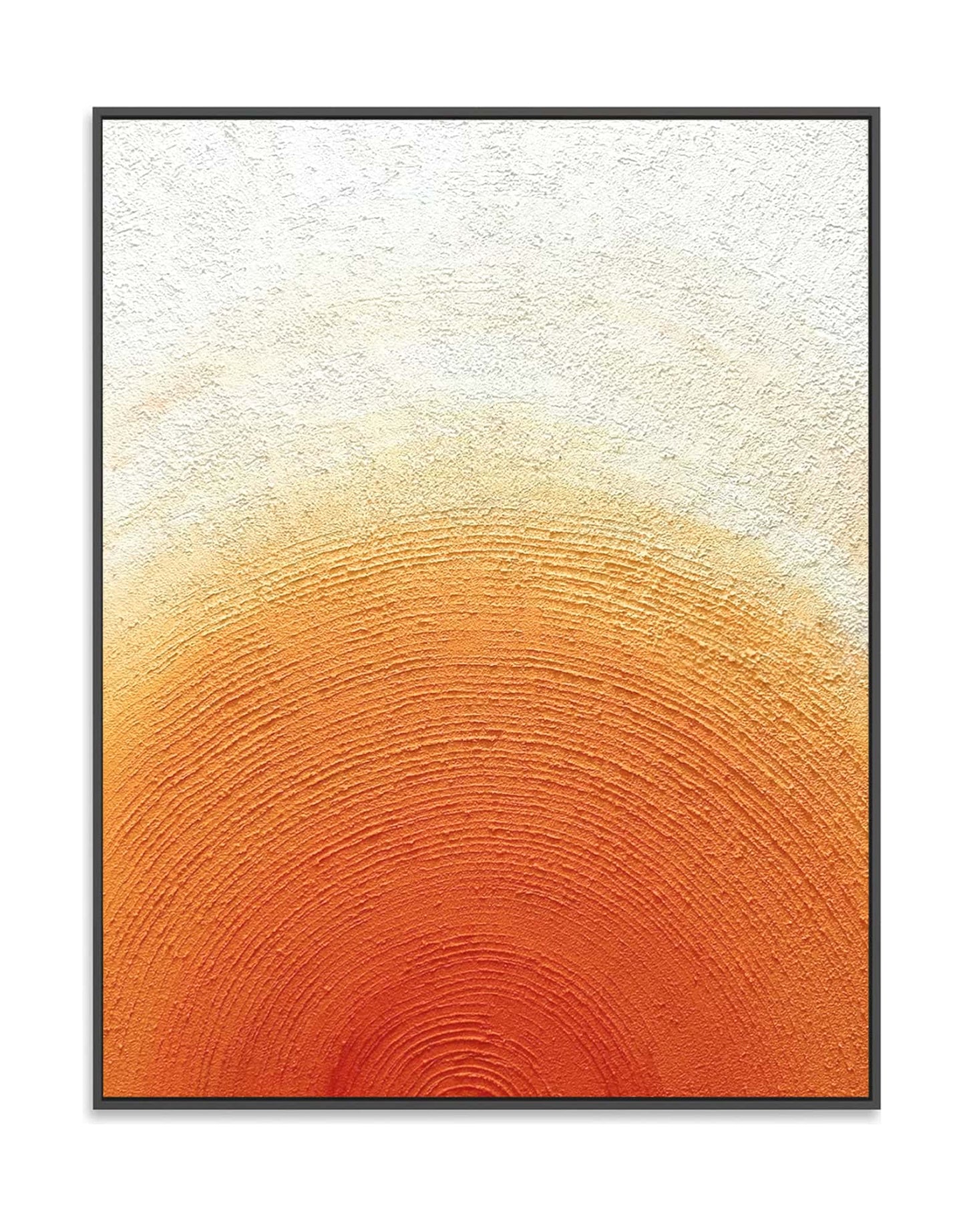 "SUNSET HALO: Hand-painted Portrait shaped abstract textured wall art painting depicting an abstract sun halo, in shades of white, orange, yellow, and gold, framed in a black shadow box."