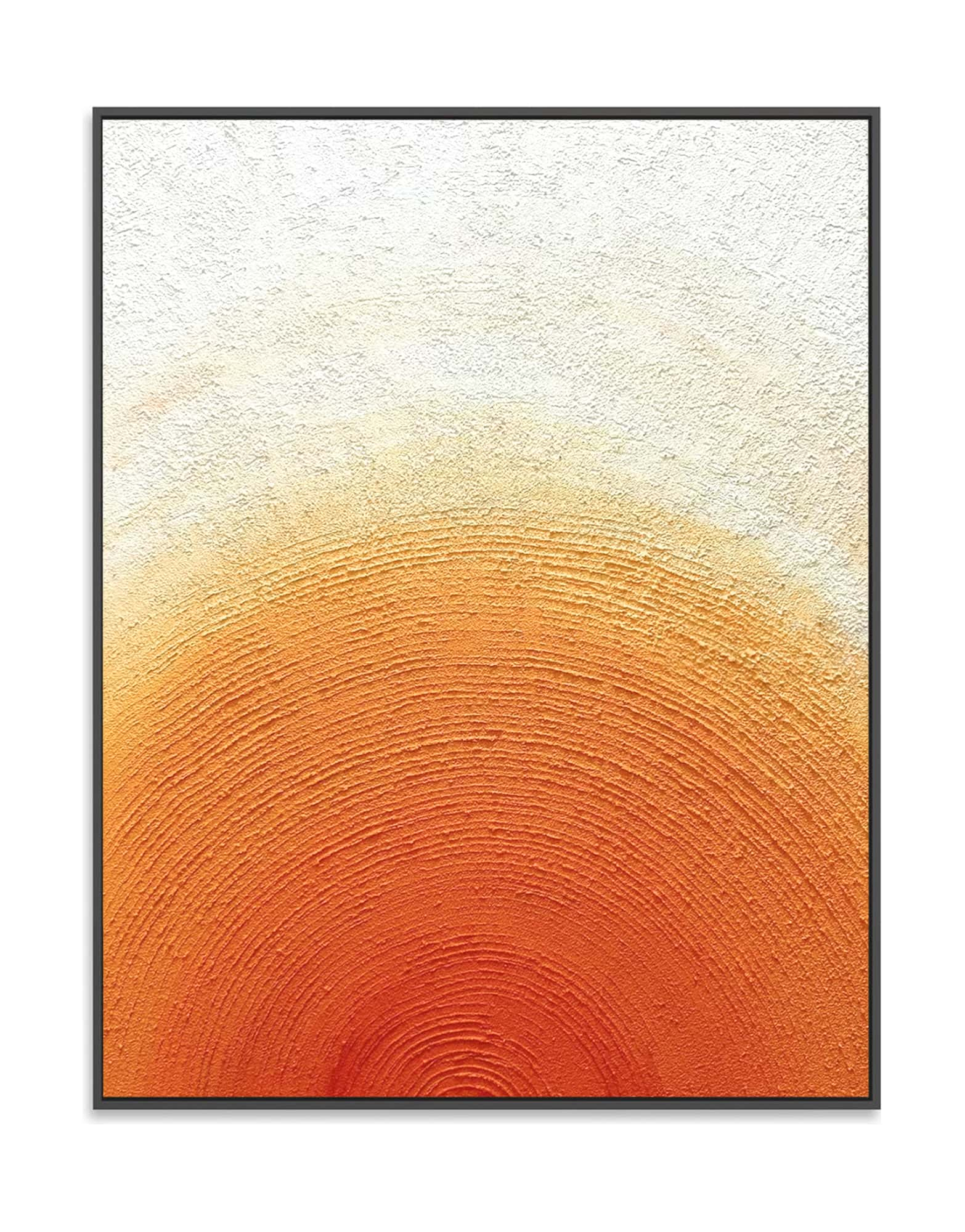 "SUNSET HALO: Hand-painted Portrait shaped abstract textured wall art painting depicting an abstract sun halo, in shades of white, orange, yellow, and gold, framed in a black shadow box."