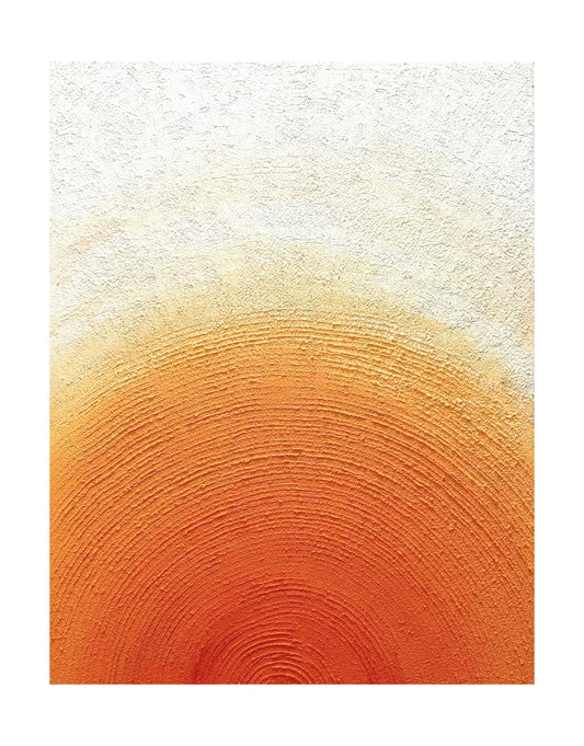 "SUNSET HALO: Hand-painted Portrait shaped abstract textured wall art painting depicting an abstract sun halo, in shades of white, orange, yellow, and gold."