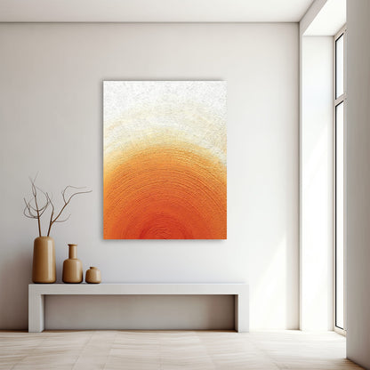 "SUNSET HALO: Hand-painted Portrait shaped abstract textured wall art painting depicting an abstract sun halo, in shades of white, orange, yellow, and gold, hanging in the hallway."