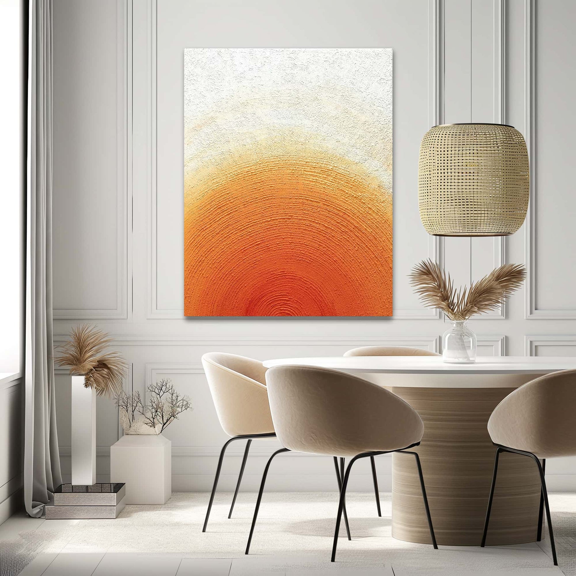 "SUNSET HALO: Hand-painted Portrait shaped abstract textured wall art painting depicting an abstract sun halo, in shades of white, orange, yellow, and gold, hanging in the lounge."