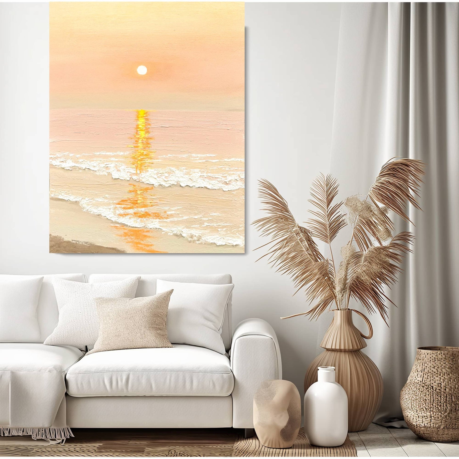 "SUNSET BY THE SEA: Hand-painted Portrait shaped textured wall art painting depicting a seaside sunset, with the sun's reflection on the sea, and waves crashing on the beach, in shades of gold, orange, yellow, white, and red, hanging in the living room."