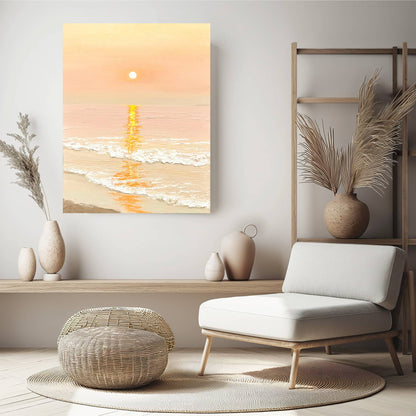 "SUNSET BY THE SEA: Hand-painted Portrait shaped textured wall art painting depicting a seaside sunset, with the sun's reflection on the sea, and waves crashing on the beach, in shades of gold, orange, yellow, white, and red, hanging in the lounge."