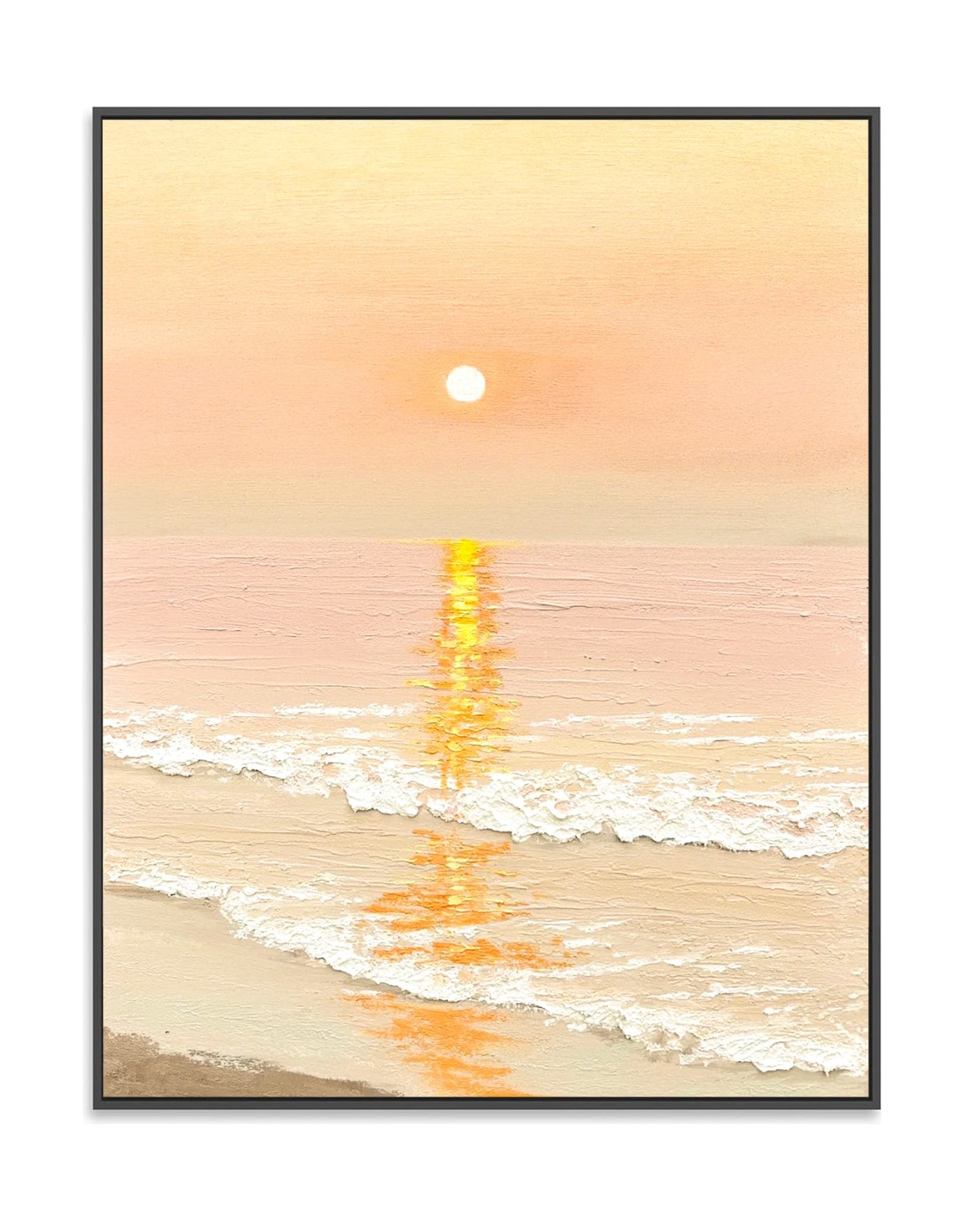 "SUNSET BY THE SEA: Hand-painted Portrait shaped textured wall art painting depicting a seaside sunset, with the sun's reflection on the sea, and waves crashing on the beach, in shades of gold, orange, yellow, white, and red, framed in a black shadow box ."