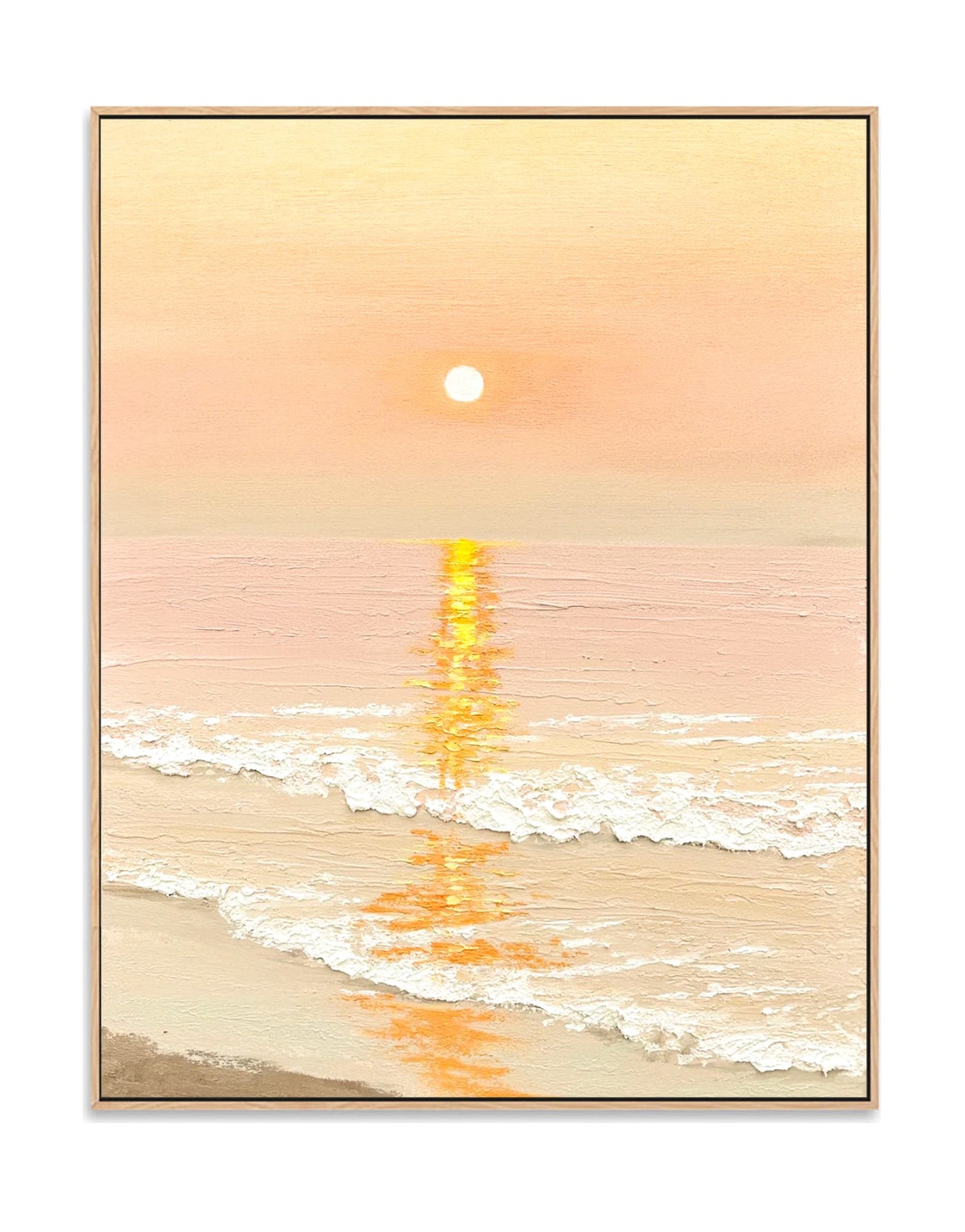 "SUNSET BY THE SEA: Hand-painted Portrait shaped textured wall art painting depicting a seaside sunset, with the sun's reflection on the sea, and waves crashing on the beach, in shades of gold, orange, yellow, white, and red, framed in an oak shadow box."