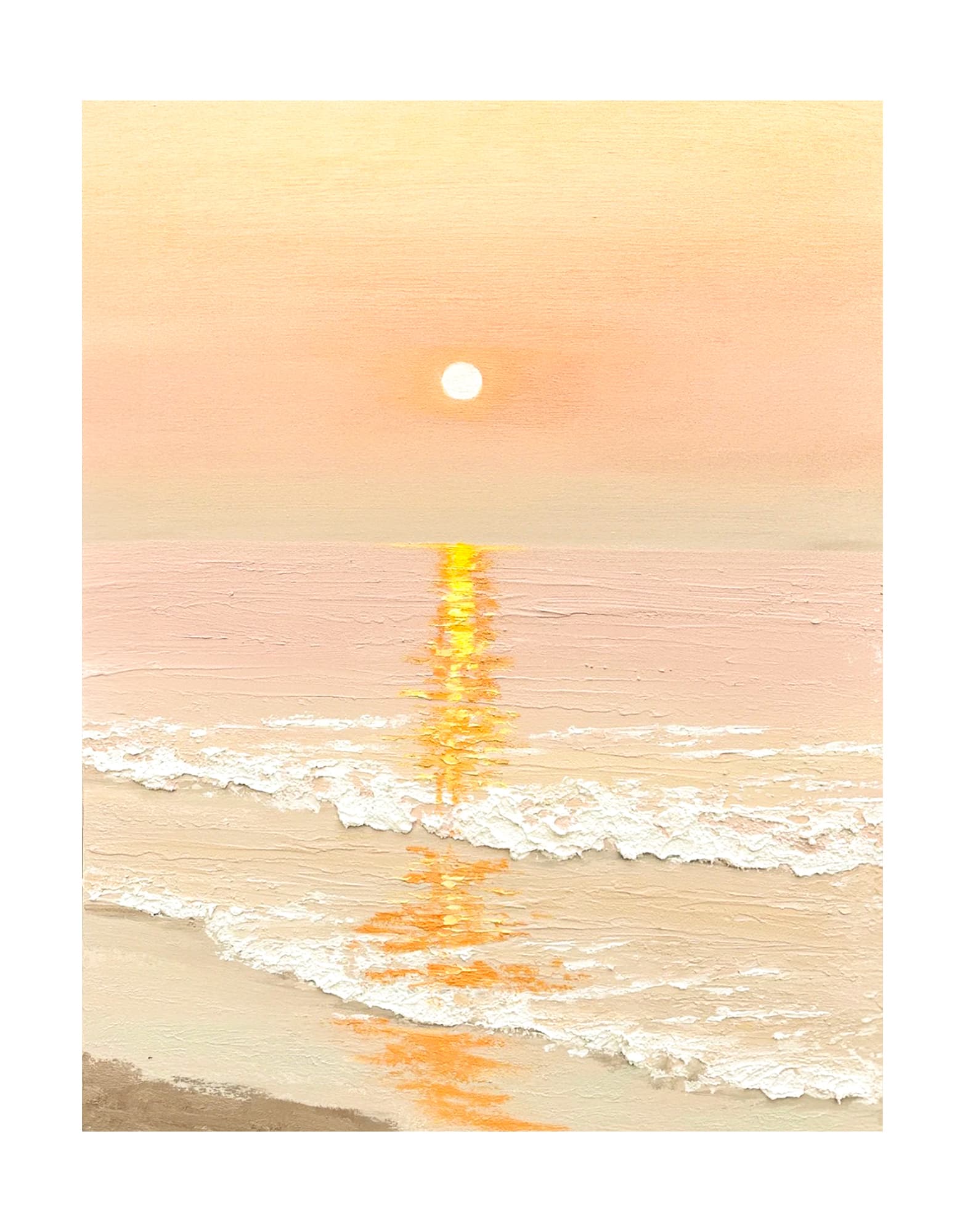 "SUNSET BY THE SEA: Hand-painted Portrait shaped textured wall art painting depicting a seaside sunset, with the sun's reflection on the sea, and waves crashing on the beach, in shades of gold, orange, yellow, white, and red."