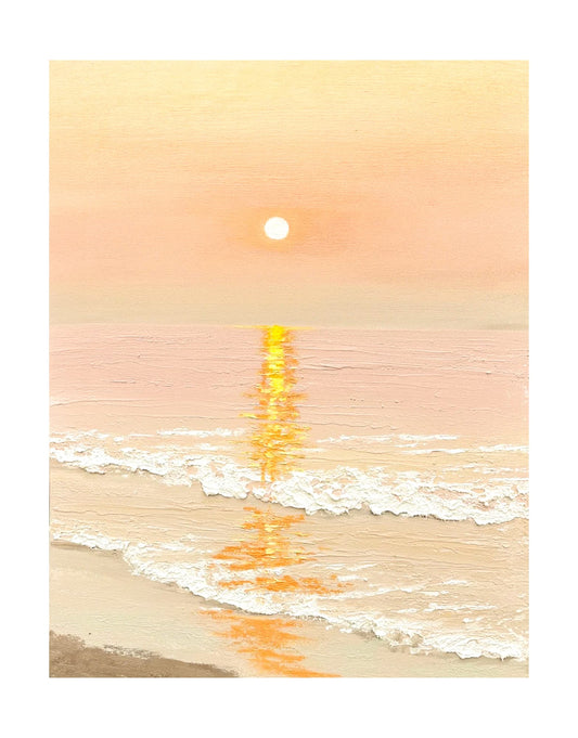 "SUNSET BY THE SEA: Hand-painted Portrait shaped textured wall art painting depicting a seaside sunset, with the sun's reflection on the sea, and waves crashing on the beach, in shades of gold, orange, yellow, white, and red."