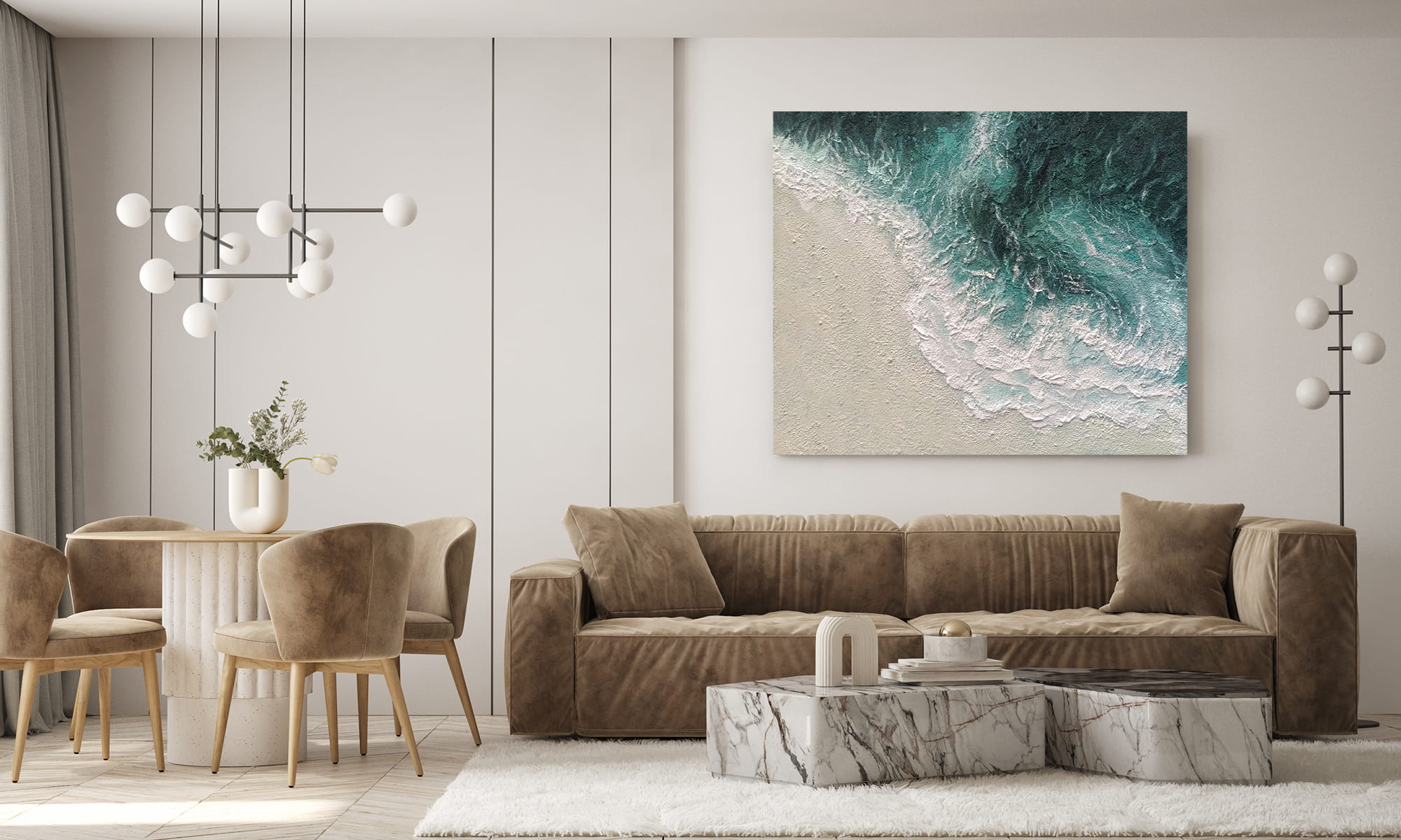 "THE SEASHORE, STYLE A: Exquisite hand-painted, high-quality and premium Landscape shaped textured wall art painting hanging on the living room wall."