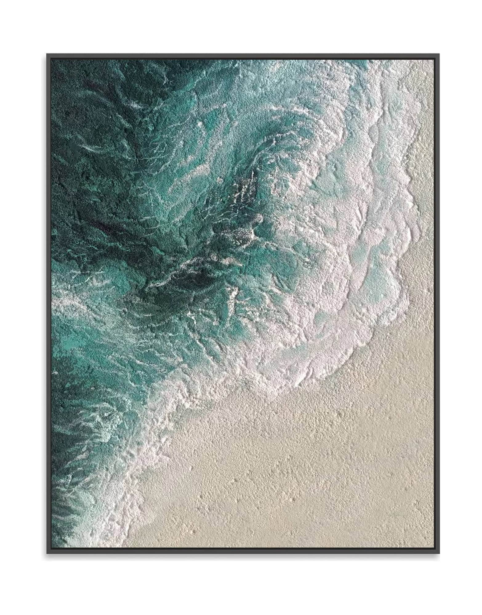 "THE SEASHORE, STYLE A: Hand-painted Portrait shaped and Landscape shaped textured wall art painting depicting a textured seascape with azure sea, white waves crashing on cream-colored shores, and a rich blend of colors including sand, grey, blue, green, white, cream and sapphire, framed in a black shadow box."