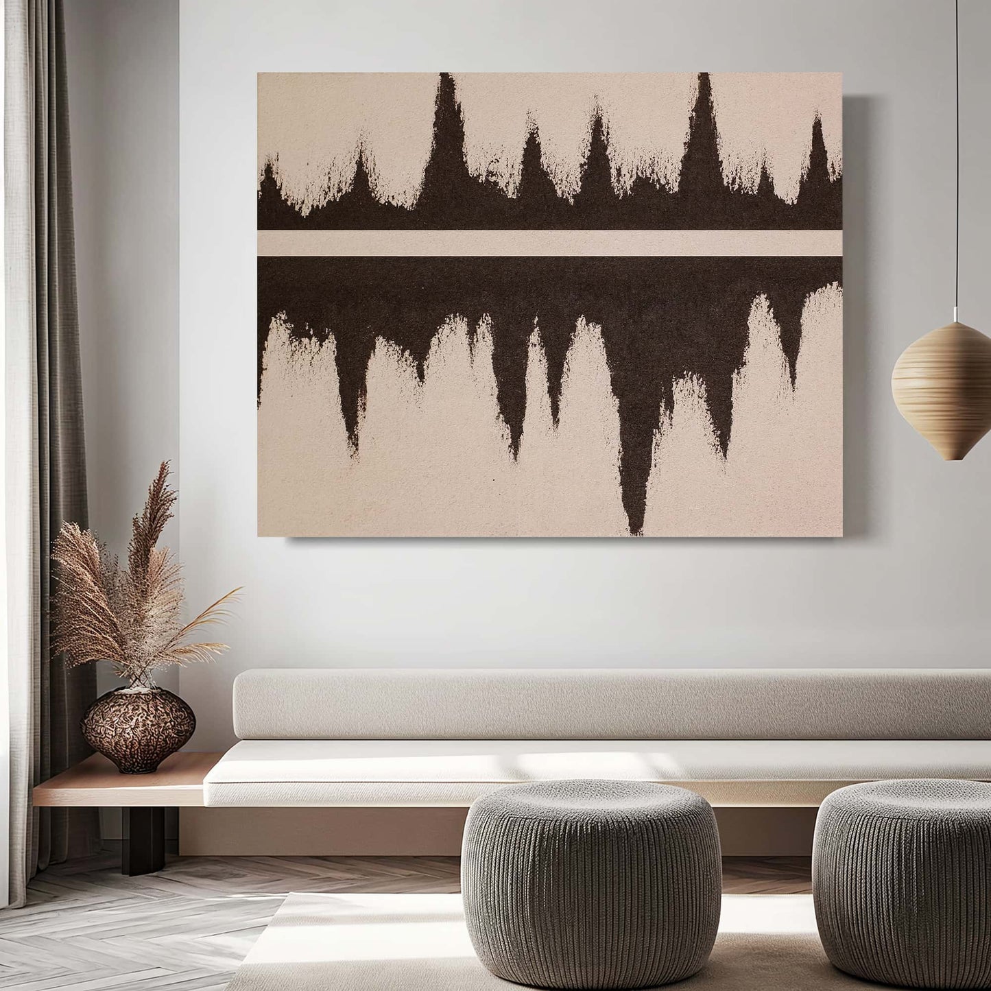 "UPSIDE DOWN: Hand-painted Landscape shaped abstract textured wall art painting depicting an abstract upside-down world, in shades of tan, brown, and cream, hanging on the wall in the lounge."