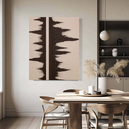 "UPSIDE DOWN: Hand-painted Portrait shaped abstract textured wall art painting depicting an abstract upside-down world, in shades of tan, brown, and cream, hanging on the wall in the dining room."