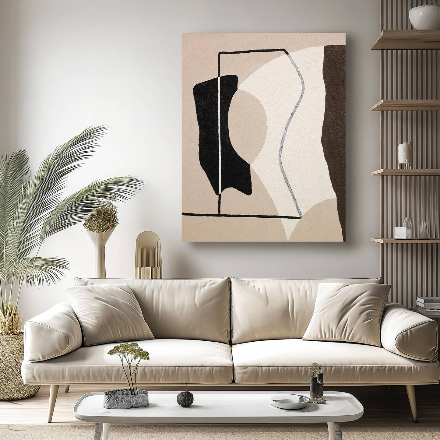 "VACANT STARE: Hand-painted Portrait shaped abstract textured wall art painting depicting an abstract hollow eye, in shades of tan, brown, cream, and white, hanging in the living room."