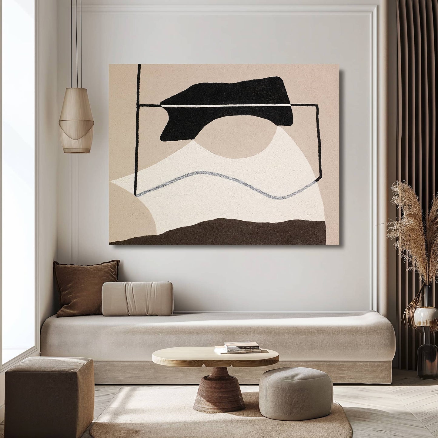 "VACANT STARE: Hand-painted Landscape shaped abstract textured wall art painting depicting an abstract hollow eye, in shades of tan, brown, cream, and white, hanging in the lounge."