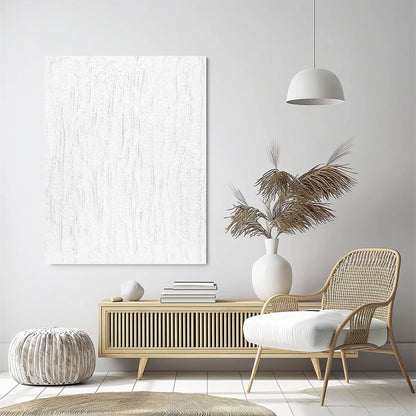 "WATERFALL: Hand-painted Portrait shaped abstract textured wall art painting depicting an abstract waterfall or rain, full of dimension and texture, in shades of white, hanging in the lounge."